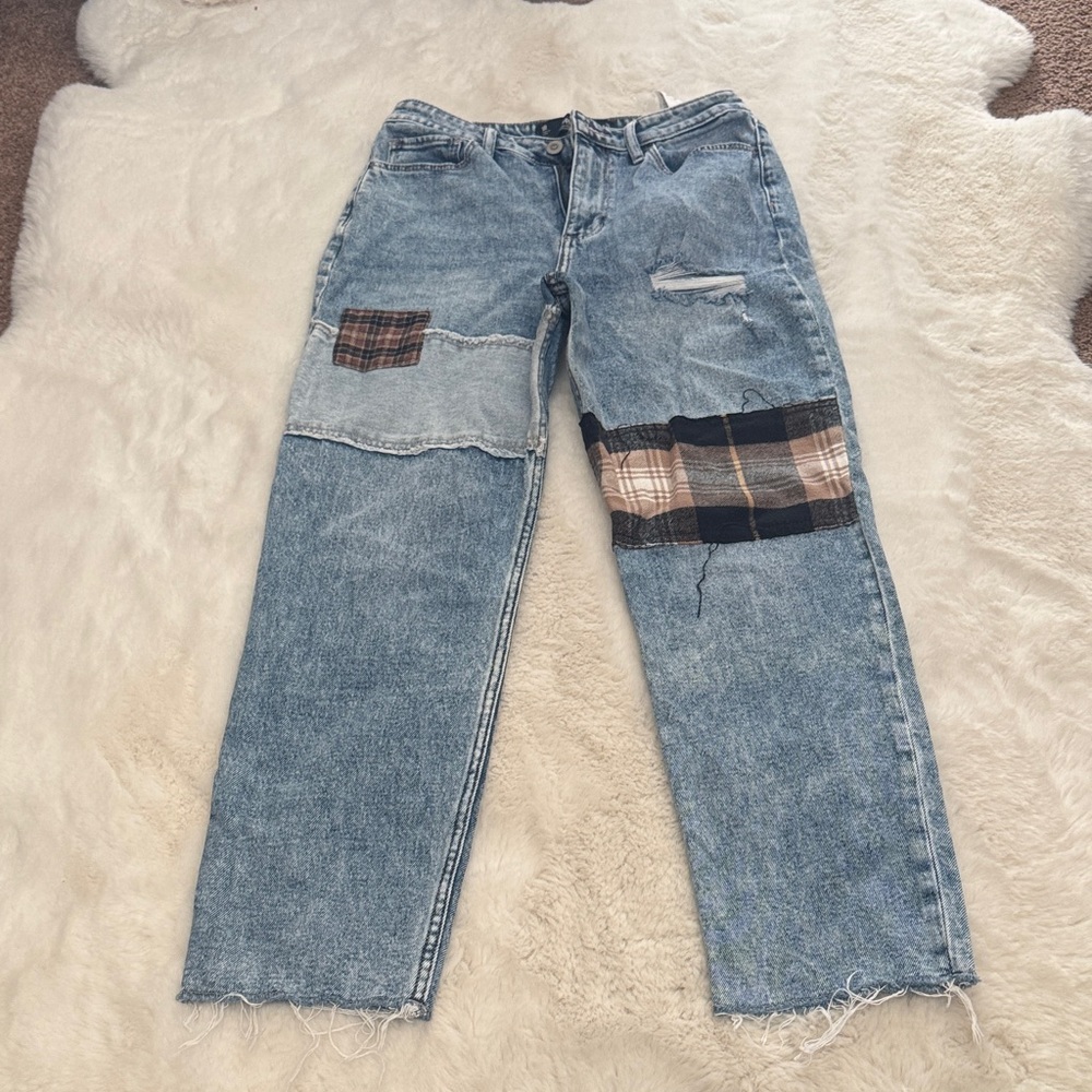 Hollister High Rise Mom Jeans with Plaid Patchwork